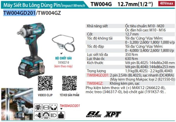 TW004GD201  Máy Siết Bu Lông Dùng Pin(12.7mm/ (kèm 02 Pin 2.5 Ah + Sạc)