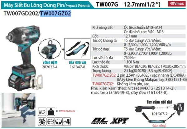 TW007GZ02  Máy Siết Bu Lông Dùng Pin(12.7mm/ (không Kèm Pin Sạc)