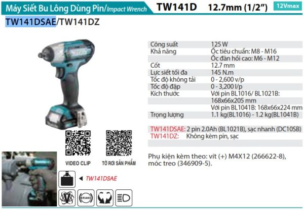 TW141DSAE  Máy Siết Bu Lông Dùng Pin(12.7mm) (kèm 02 Pin 2.0 + Sạc)