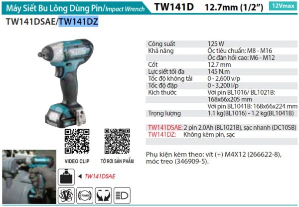 TW141DZ  Máy Siết Bu Lông Dùng Pin(12.7mm) (không Kèm Pin Sạc)