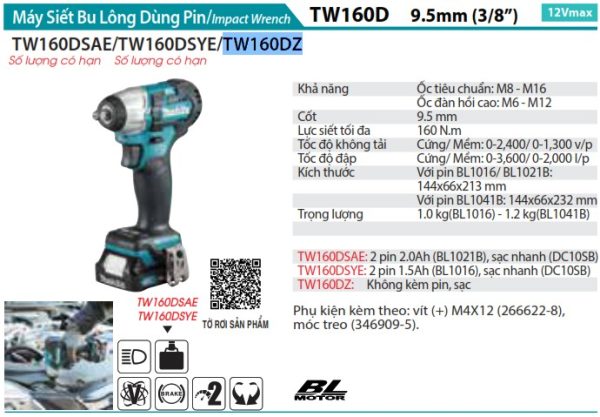 TW160DZ  Máy Siết Bu Lông Dùng Pin(9.5mm/bl) (không Kèm Pin Sạc)