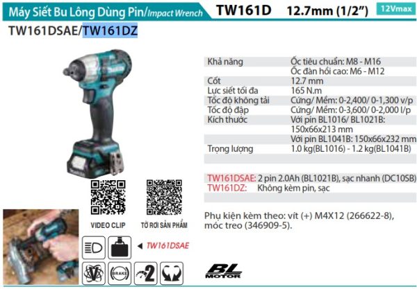 TW161DZ  Máy Siết Bu Lông Dùng Pin(12.7mm/bl) (không Kèm Pin Sạc)