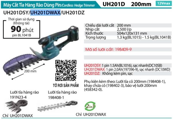 UH201DWAX  Máy Cắt Tỉa Hàng Rào Dùng Pin(12v Max) Kèm (01 Pin 2.0ah + Sạc Nhanh)