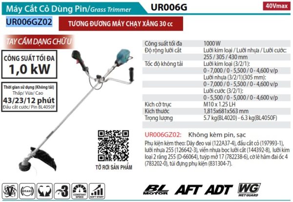 UR006GZ02  Máy Cắt Cỏ Dùng Pin(bl)(40v Max) (không Kèm Pin Sạc)