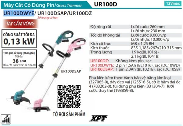 UR100DWYE  Máy Cắt Cỏ Dùng Pin(12v Max) (kèm 02 Pin + 1 Sạc)