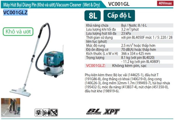 Vc001glz Máy Hút Bụi Dùng Pin(ướt&khô/8l/bl) (không Kèm Pin Sạc)