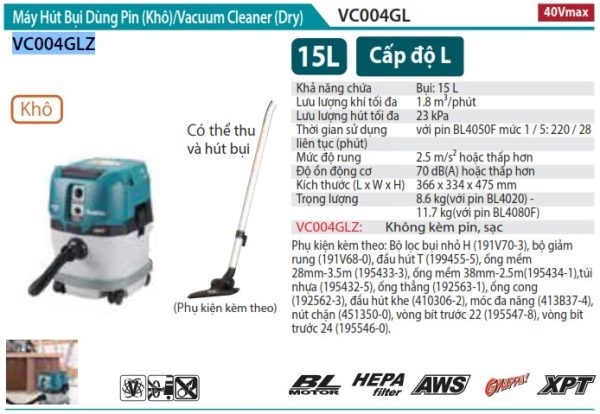 VC004GLZ  Máy Hút Bụi Dùng Pin(khô/hepa/aws/15l/bl