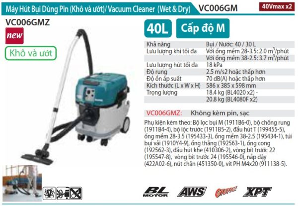 VC006GMZ  Máy Hút Bụi Dùng Pin(wet&dry/38l/aws/bl)  (không Kèm Pin Sạc)
