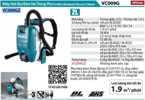 VC009GZ  Máy Hút Bụi Đeo Vai Dùng Pin(hepa/aws/