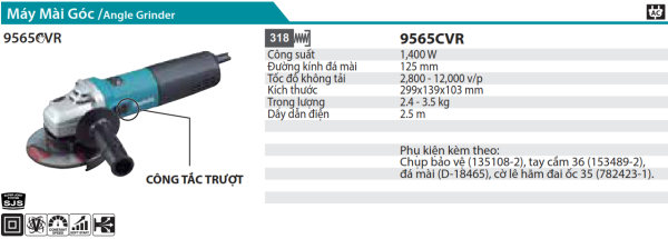 9565CVR  Máy Mài Góc(125mm/1400w/công Tắc Trượt)