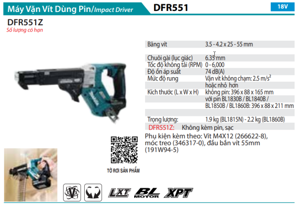 DFR551Z  Máy Vặn Vít Cuộn Dùng Pin(18v) (không Kèm Pin Sạc)