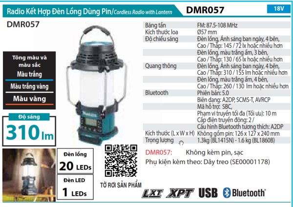 DMR057  Radio Kết Hợp Đèn Lồng Dùng Pin(18v/14.4v)