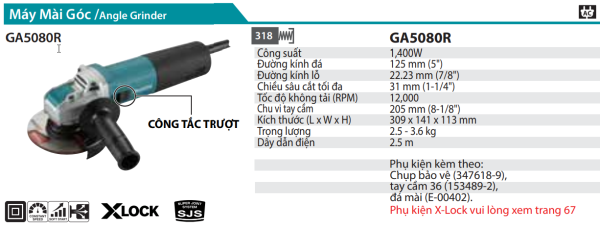 GA5080R  Máy Mài Góc(125mm/1400w/công Tắc Trượt/x