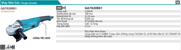 GA7020R01  Máy Mài Góc(180mm/2200w/công Tắc Bóp)