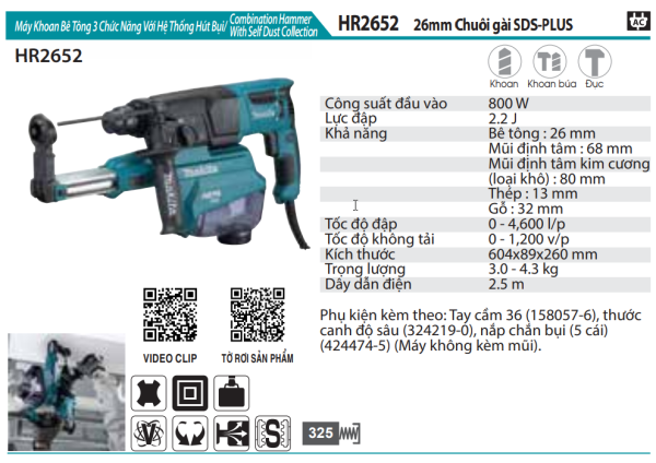 HR2652  Máy Khoan Bê Tông 3 Chức Năng Với H
