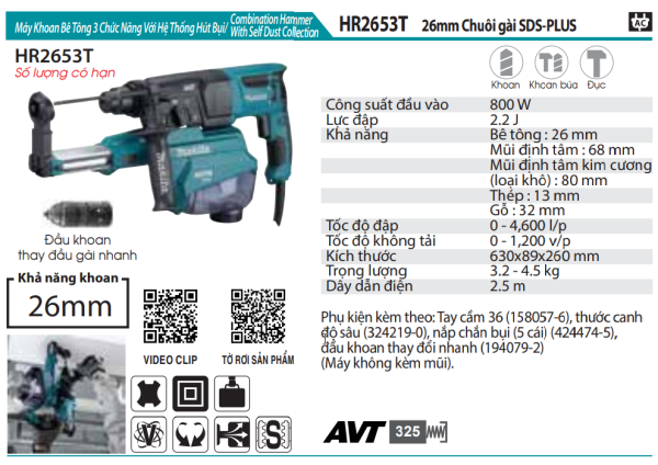 HR2653T  Máy Khoan Bê Tông 3 Chức Năng Với H