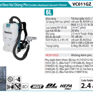 Makita VC011GZ Máy Hút Bụi Đeo Vai Dùng Pin